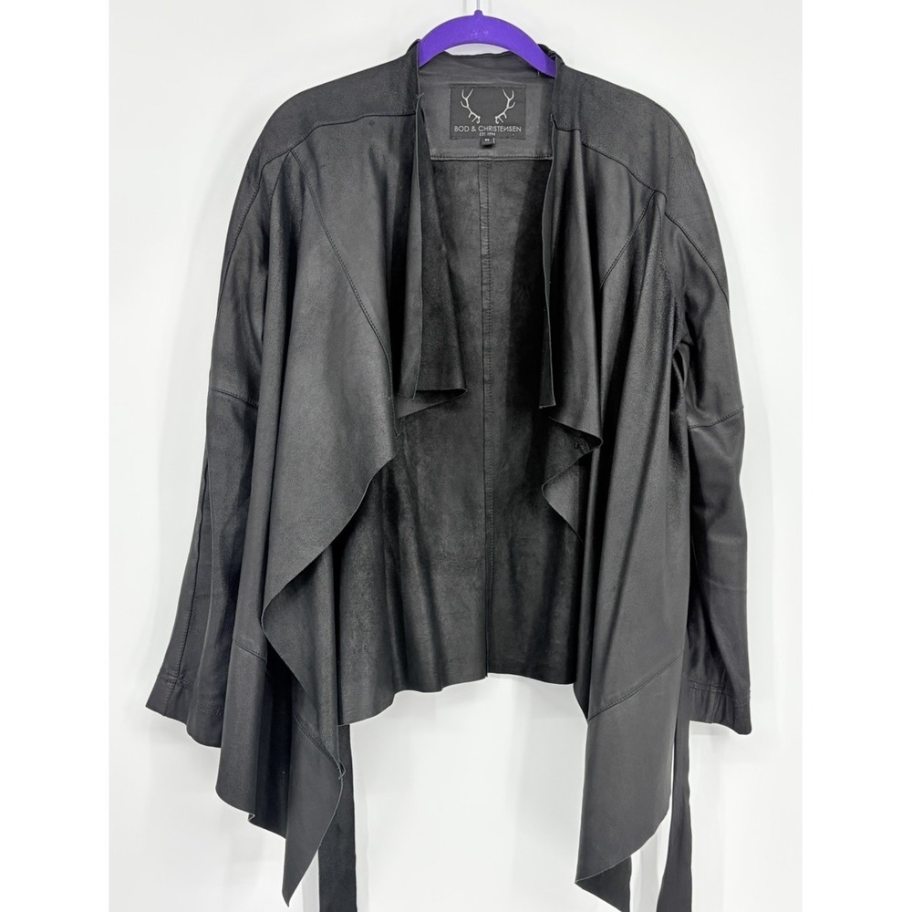 Bod and Christensen Ellie Drape Front Belted Leather Jacket Size Medium Black